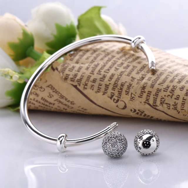 Moonmory Moments Silver Open Bangle with Pave Caps S925 Sterling Silver bead Bracelet with Red Zircon Diy Charm Bangle Jewelry 3