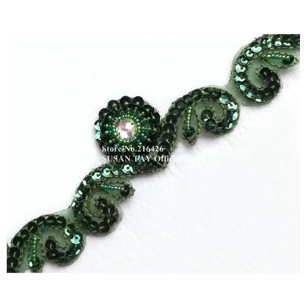 1yard 4.6cm Width Handmade Olive Green 3D Sequined Beaded Flower Lace Trimmings Sunrise Applique Dance Dress Costume DECOR BT90B