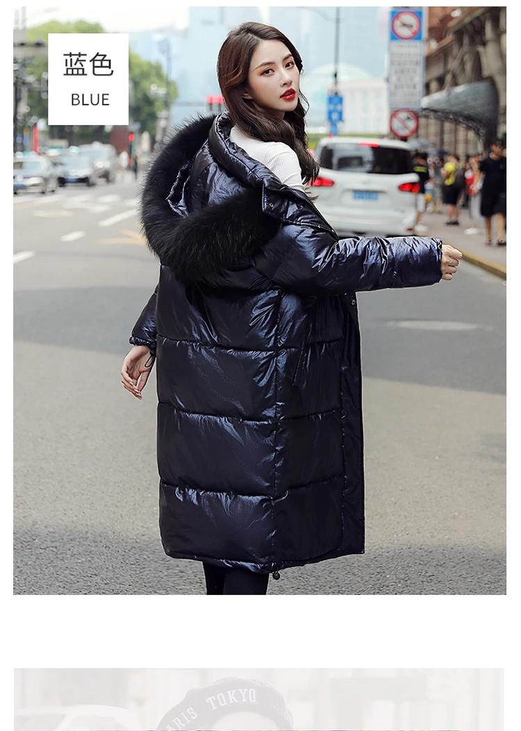 Женские Длинные пуховые пальто с меховым капюшоном на молнии, Harajuku, свободные женские светоотражающие куртки, Утепленные Пальто размера плюс, Женская Глянцевая верхняя одежда