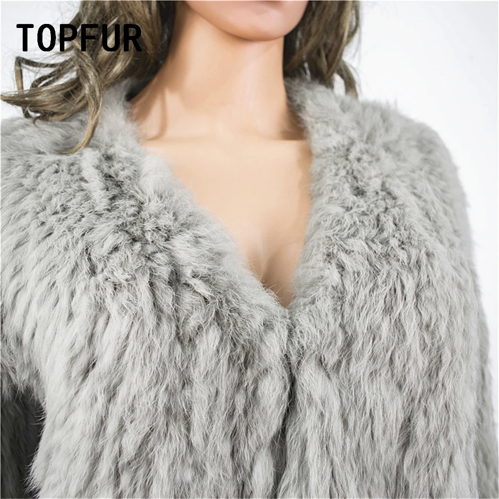 

TOPFUR Winter Gray Cardigans Women Hand Knitted Jacket Natural Rabbit Fur Coat Women Full Sleeves Sweater Loose Knitted Sweater
