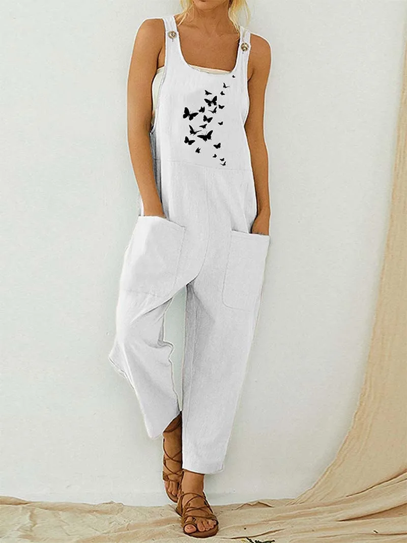 Womens Dungarees Print Rompers 2021 Summer New Ladies Casual Loose Linen Cotton Jumpsuit Sleeveless Pocket Overalls Playsuit