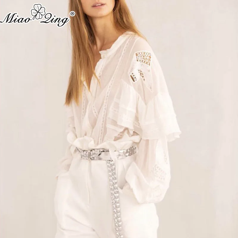 MIAOQING Ruffled patchwork shirt for women O cutouts with long sleeves and bow bandages for summer
