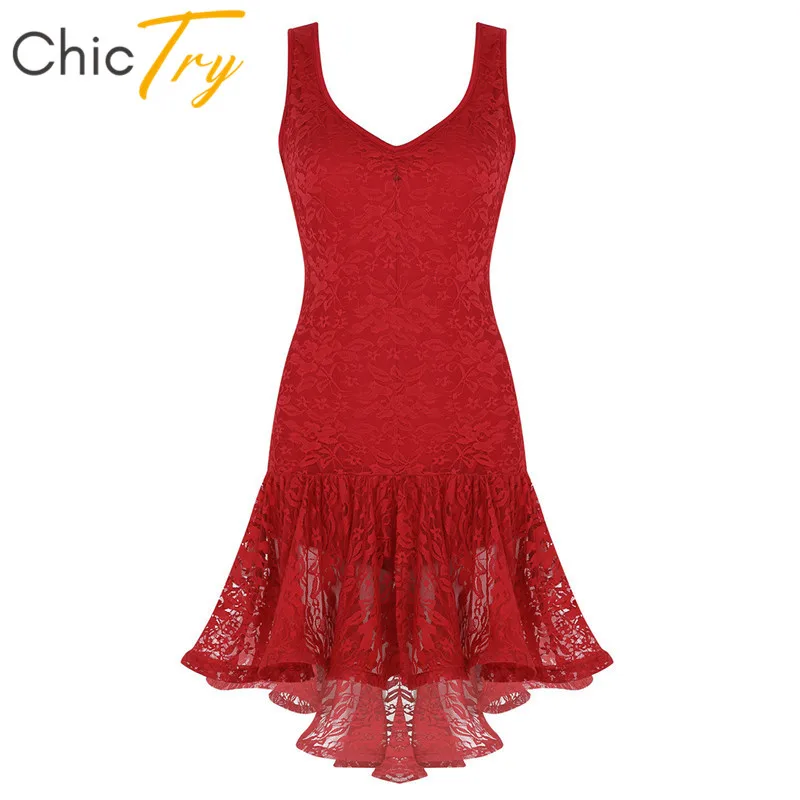 

ChicTry Women Latin Dance Dress Scoop Neck Ruffle Lace High Low Ballroom Samba Tango Salsa Stage Performance Costume Dancewear