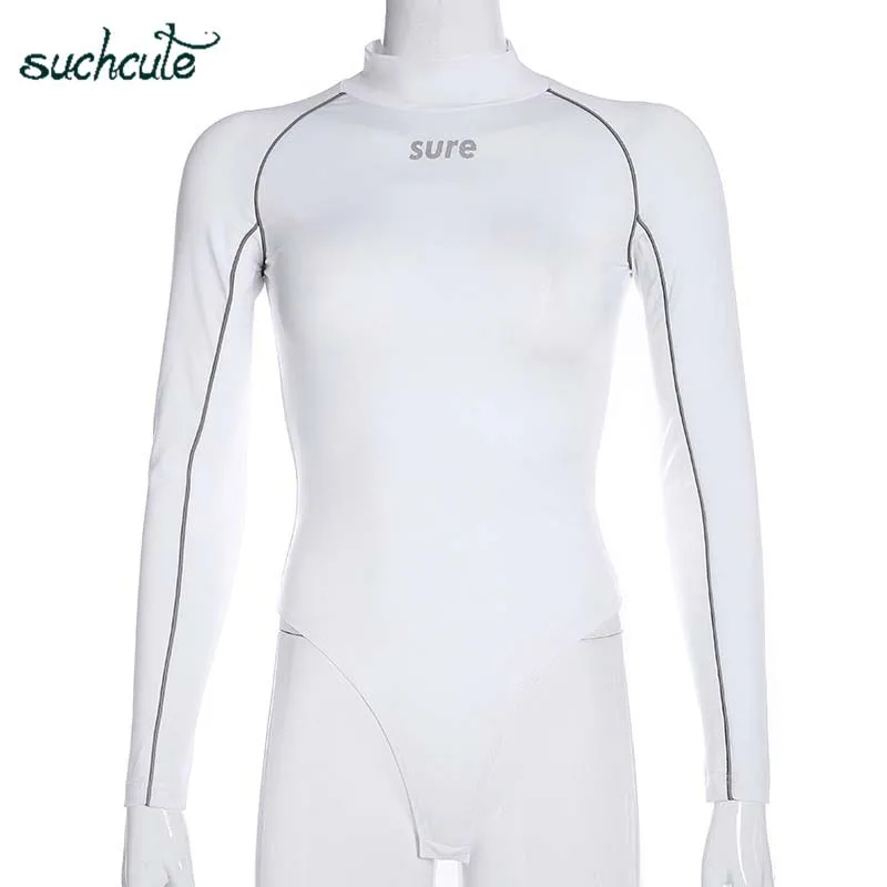 white bodysuit SUCHCUTE светоотражающий комбинезон-Водолазка Боди для женщин Longslive комбинезоны корейский стиль боди бодикон осенние женские комбинезоны - Цвет: white bodysuit