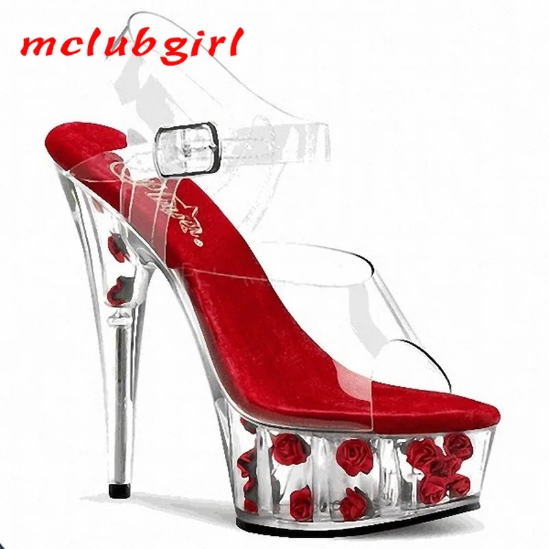Mclubgirl 15cm Heels Solid Round Head Transparent Rose Crystal Super High Heel Model Walk Show Thick Bottom Sandals LYP | Обувь