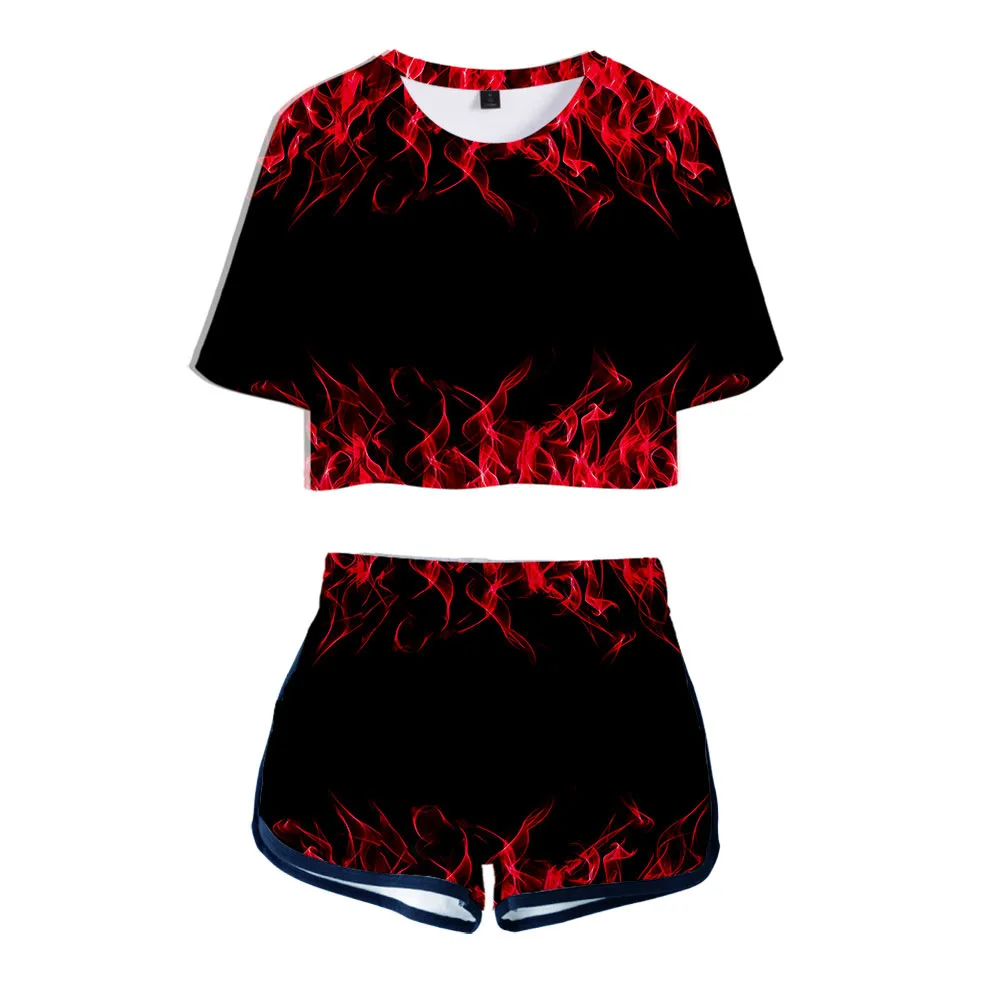 

New 3D Printing Color Flame Exposed Navel T-shirt +Shorts Women's Two-Piece Sets Fashion Girl's Summer Pretty Red Suits