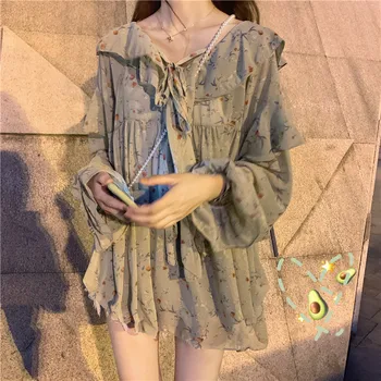 

2020 Autumn New Arrival Small Fresh& Trendy Doll Collar French Sweet Floral Shirt Loose Long Sleeve Chiffon Shirt Free Shipping