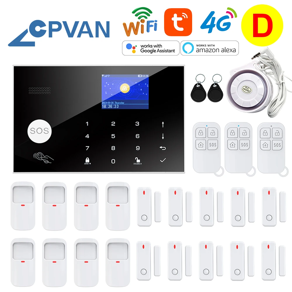 CPVAN-sistema de seguridad con alarma para el hogar, Kit de alarma inalámbrico Compatible con aplicación Smart Home, Tuya, 4G, Wifi, Gsm, Detector de movimiento, Alexa
