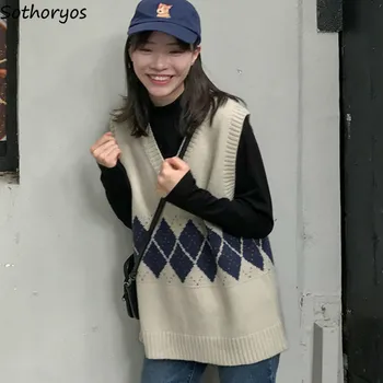 

Vest Women Argyle Patchwork Knitted Retro Loose Sleeveless V-neck Sweaters Spring Korean-style All-match Students Trendy Chic