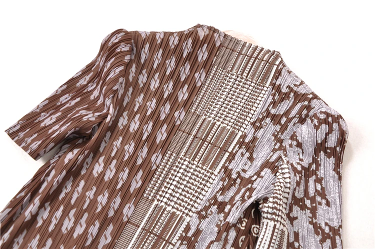 Горячая Miyake короткий рукав Винтажный стиль кешью печати o-образным вырезом складное платье А-силуэта платье