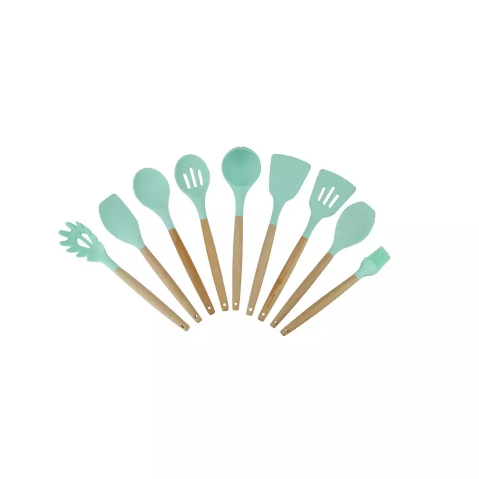 9pcs/11pcs Silicone Cooking Sets Soup Spoon Spatula Non-stick Shovel with Wooden Handle Special Heat-resistant Kitchen Tools - Цвет: 9pcs