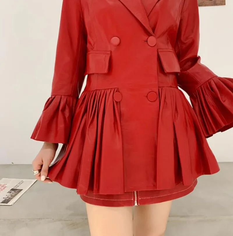 High Street Womens Double Breasted Slim Fit Genuine Leather Jackets Fashion Long Flare Sleeve Pleated Sheepskin Coats Plus Size