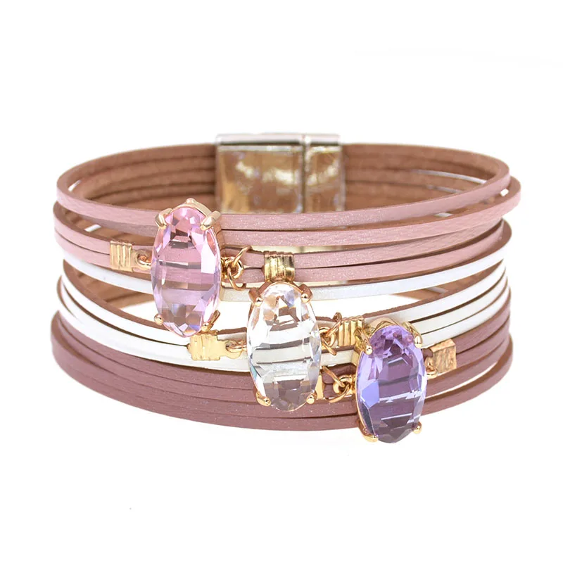 pink white purple WELLMORE, новые модные женские браслеты из стекла, кожаные браслеты с подвесками для женщин, роскошные свадебные массивные ювелирные изделия - Окраска металла: pink white purple