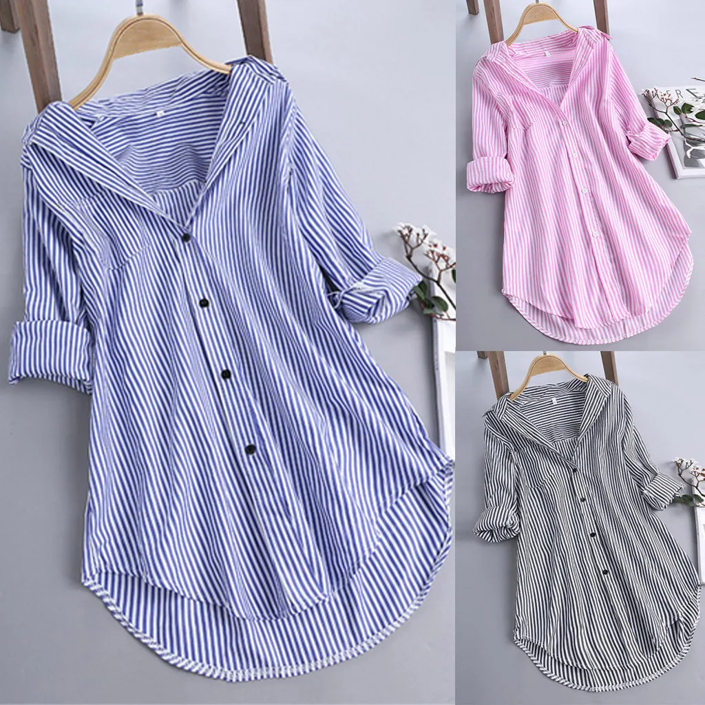 Plus Size Women Striped Loose Blouse Long Sleeve Turn Down Collar Button Shirts Chic Oversized Casual Office Long Tops