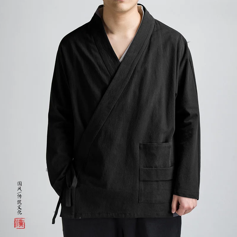 Chinese Style Loosekimono Cardigan Hanfu Retro Linen Male Yukata Kimono Japanese Samurai Clothing Plus Size Solid Haori Robe 4XL