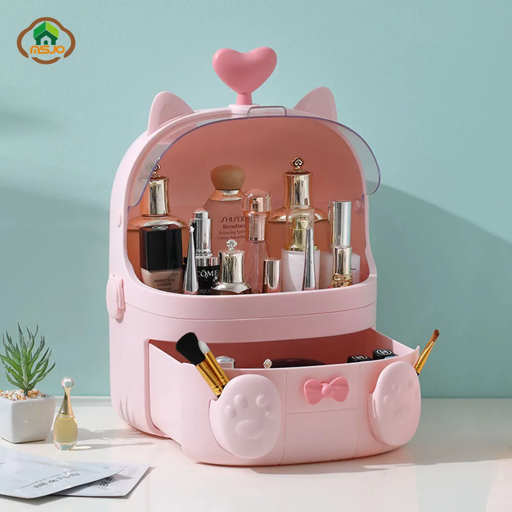

MSJO Makeup Organizer Box Storage Cute Cat Shape Plastic for Desk/Bathroom/Bedroom Makeup Brush Organizador Storage Boxes Bin