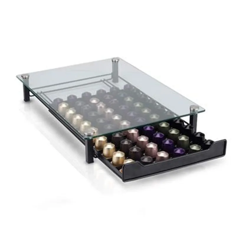 

2020 Glass Nespresso Coffee Pods Holder Rack Coffee Capsule Stand Brand Capsules Storage Shelve Organization Coffe Holder Drawer