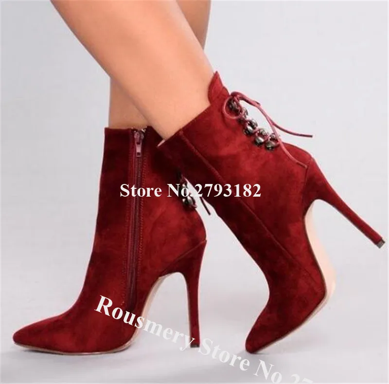 

Women Elegant Fashion Pointed Toe Wine Red Stiletto Heel Short Gladiator Boots Back Lace-up High Heels Ankle Booties Dress Heels