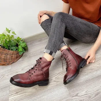 

YourSeason Ladies 2021 Winter Ladies Genuine Leather Shoes Lace Up Round Toe Flat With Women Ankle Platform Zip Boots
