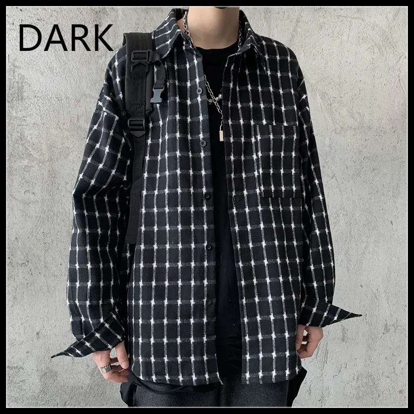 

[DARK] 2020 Autumn Korean Ins Retro Harajuku Dark Line All-match Checked Long-sleeved Shirt
