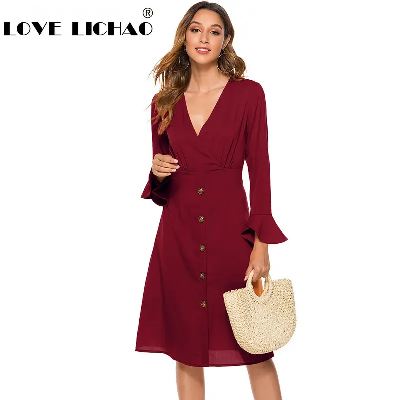 Сексуальное женское осеннее платье с v-образным вырезом элегантное однотонное