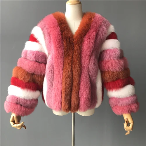 Colorful 1 Натуральная цветная шуба из натурального Лисьего меха, Женское пальто из натурального меха, зимняя теплая меховая куртка из натурального Лисьего меха, Женская Повседневная шуба радужной расцветки - Color: Colorful 1