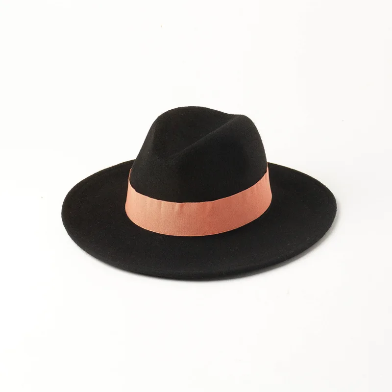 01908-HH8147 new autumn WINTER wool ribbon fedoras cap men women jazz panama hat - Цвет: black 2