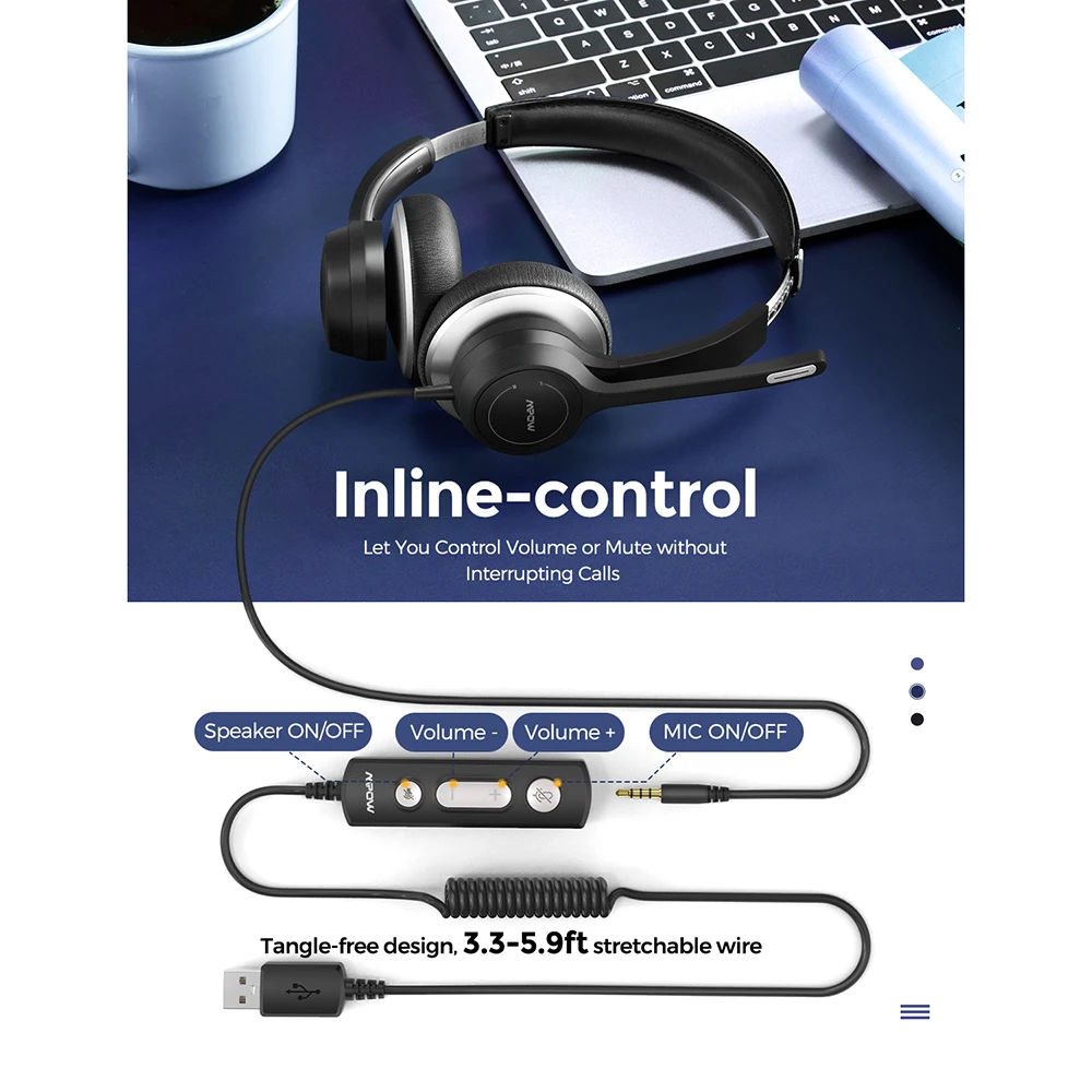 Fone de Ouvido para Computador com Microfone In-line para Central de Atendimento Hc6 com Fio Mpow-headset Controle Skype pc Celular Usb 3.5mm - Image 5