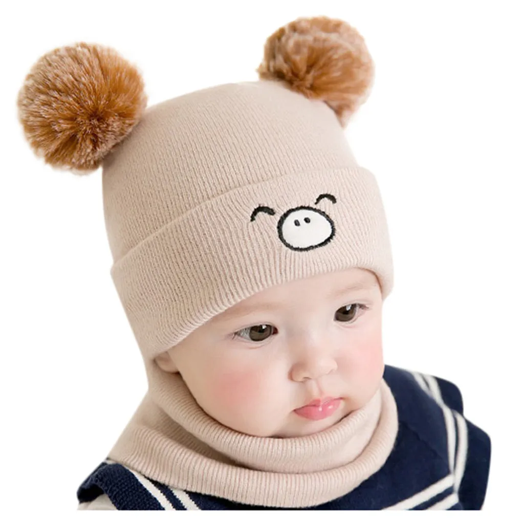 Детский мультяшный медведь с ушками для мальчиков и девочек, детская милая мягкая шапка+ шарф, комплект из двух предметов, детская зимняя детская шапка, шапка для детей, реквизит для фотосессии - Цвет: Бежевый
