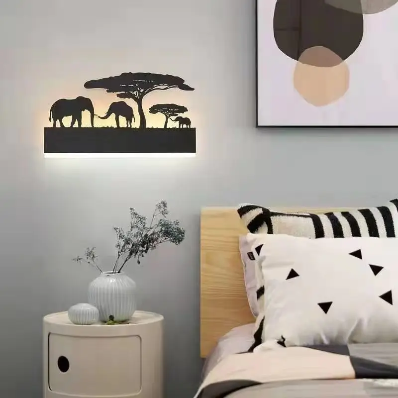 Elephant and Tree Светодиодный Светодиодный настенный светильник в стиле ретро, креативная живопись, 110-240 В, современное черное бра, украшение для ванной комнаты, гостиной, комнаты с животными - Цвет абажура: Elephant and Tree