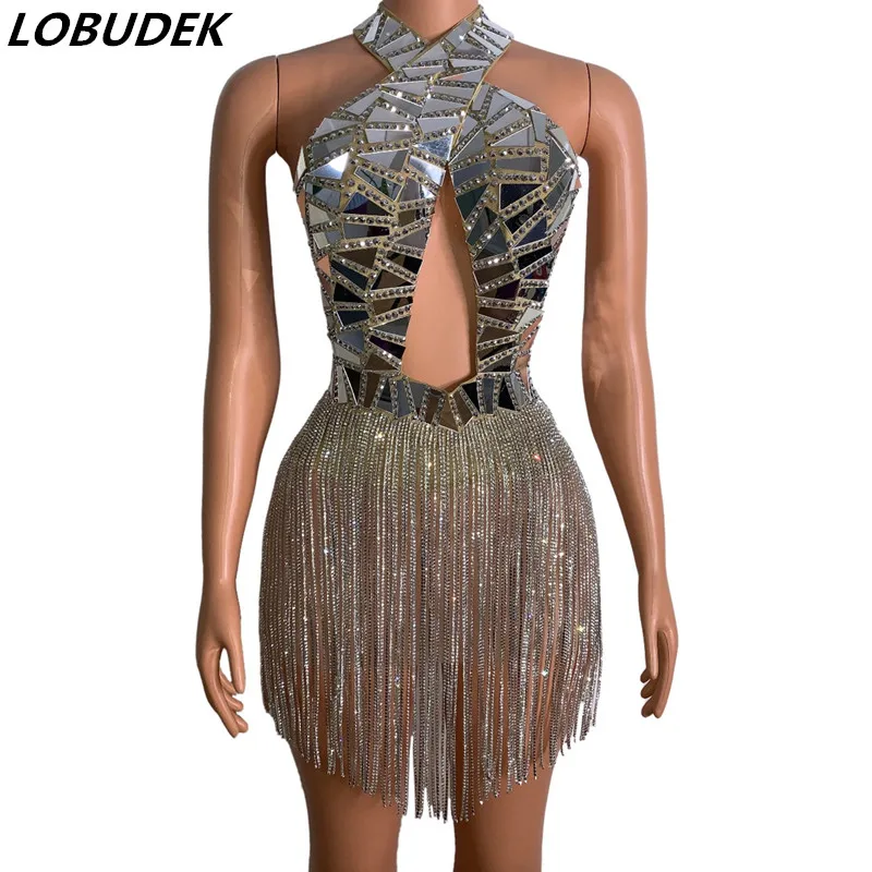 

Summer Women Sexy Hollow Out Backless Mirror Crystal Tassel Dress Fashion Birthday Party Rhinestones Dress Singer Dancer Costume