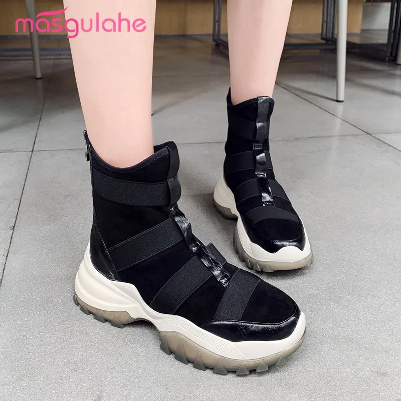 

Masgulahe 2020 winter autumn female ankle boots genuine leather boots round toe platform shoes black wholesale boots women