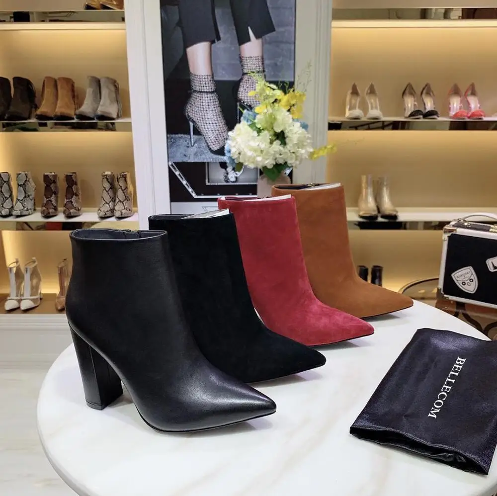 

BELLECOM 2019 Autumn and Winter New Type Female Leather Suede Wind-pointed Shoes and Rough-heeled Shoes