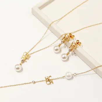 

High quality fashion titanium steel accessories glossy CHC letter pearl necklace earrings bracelet jewelry set