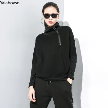 

Loose winter T shirts zipper Long sleeve T-shirt tide dark black patchwork t shirt women Streetwear Turtleneck Tops Z3
