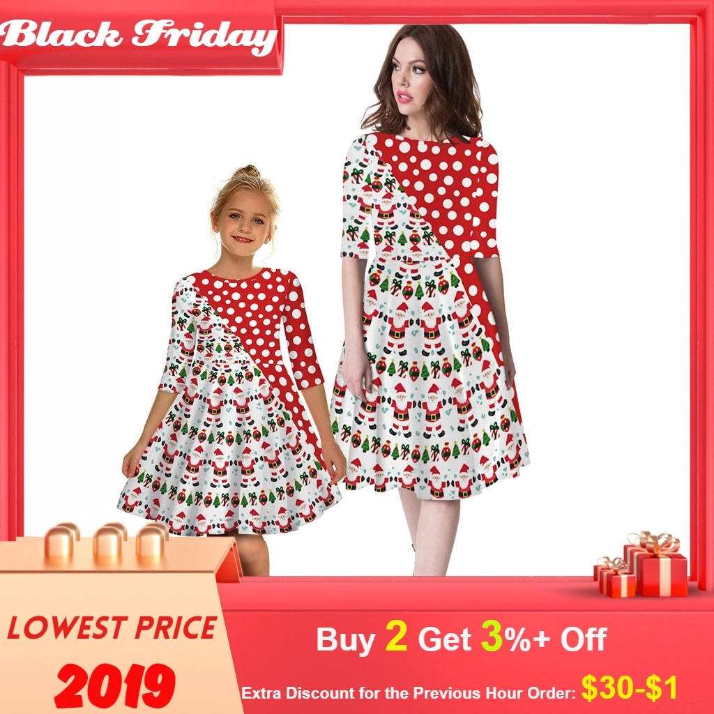 Christmas Dress Women Fashion Mom Me Long Sleeve 3d Print Christmas Xmas Dress Clothes Robe Hiver Femme