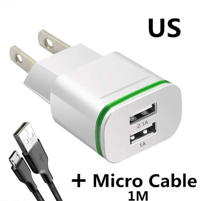 White Micro Cable Хорошее ЕС/США штекер 5 В/2.1A настенное зарядное устройство двойной 2 порта USB СВЕТОДИОДНЫЙ светильник адаптер питания для быстрой зарядки Высокое качество телефон USB быстрое зарядное устройство - Тип штекера: White Micro Cable