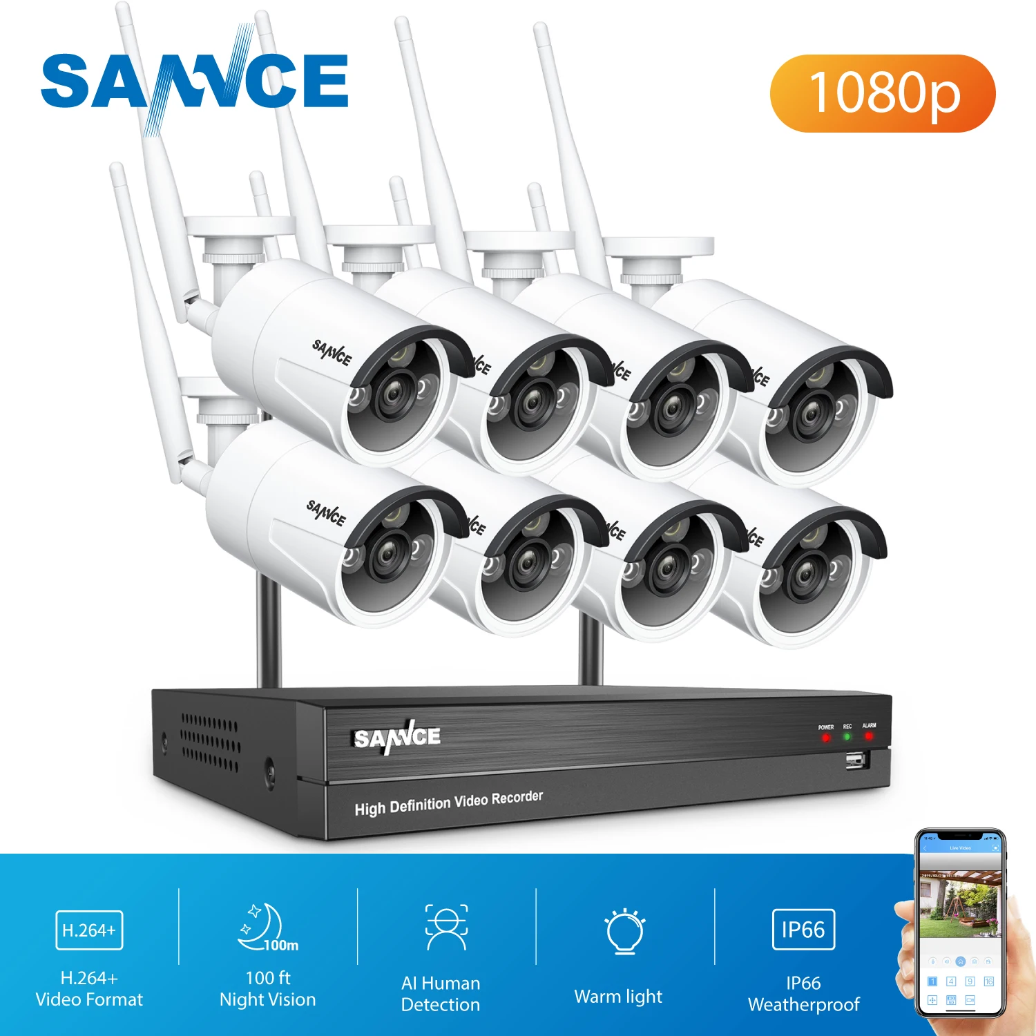 SANNCE 8CH NVR Ultra HD 2MP CCTV Wireless System IP66 Outdoor AI Human Wifi IP Security Camera Set Video Surveillance Kit