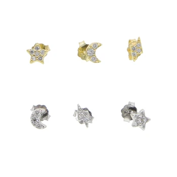 

minimalist 3pairs/set decliate simple mini small stud earrings 100% 925 sterling silver moon star lightning bolt cz earring sets