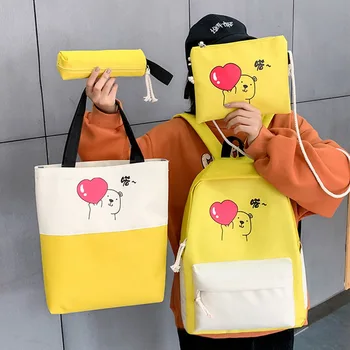 

4PCS/SET Heart Print Kids School Bags Women Nylon Backpack Children Korea Shoulder bag Cute Satchel Schoolbag For Girls