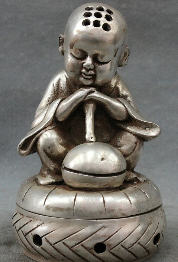 ---617+++Chinese Silver Buddhism Pray Kid Monk Buddha Statue Box Incense Burner Censer | Дом и сад
