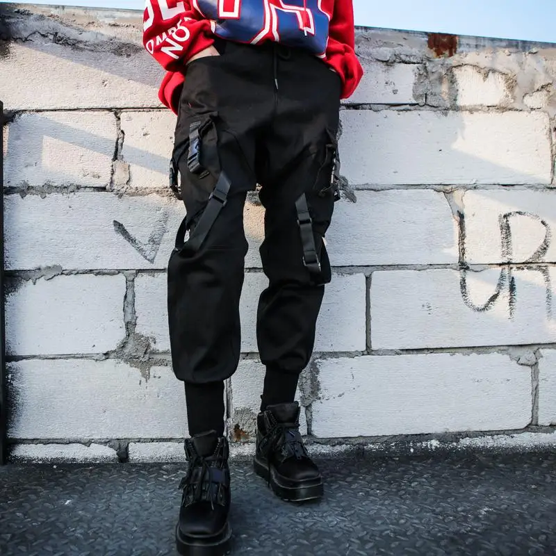 Черные женские брюки-карго Мода карманы пэчворк Хиппи Брюки Поддельные молнии тканые с высокой талией повседневные штаны