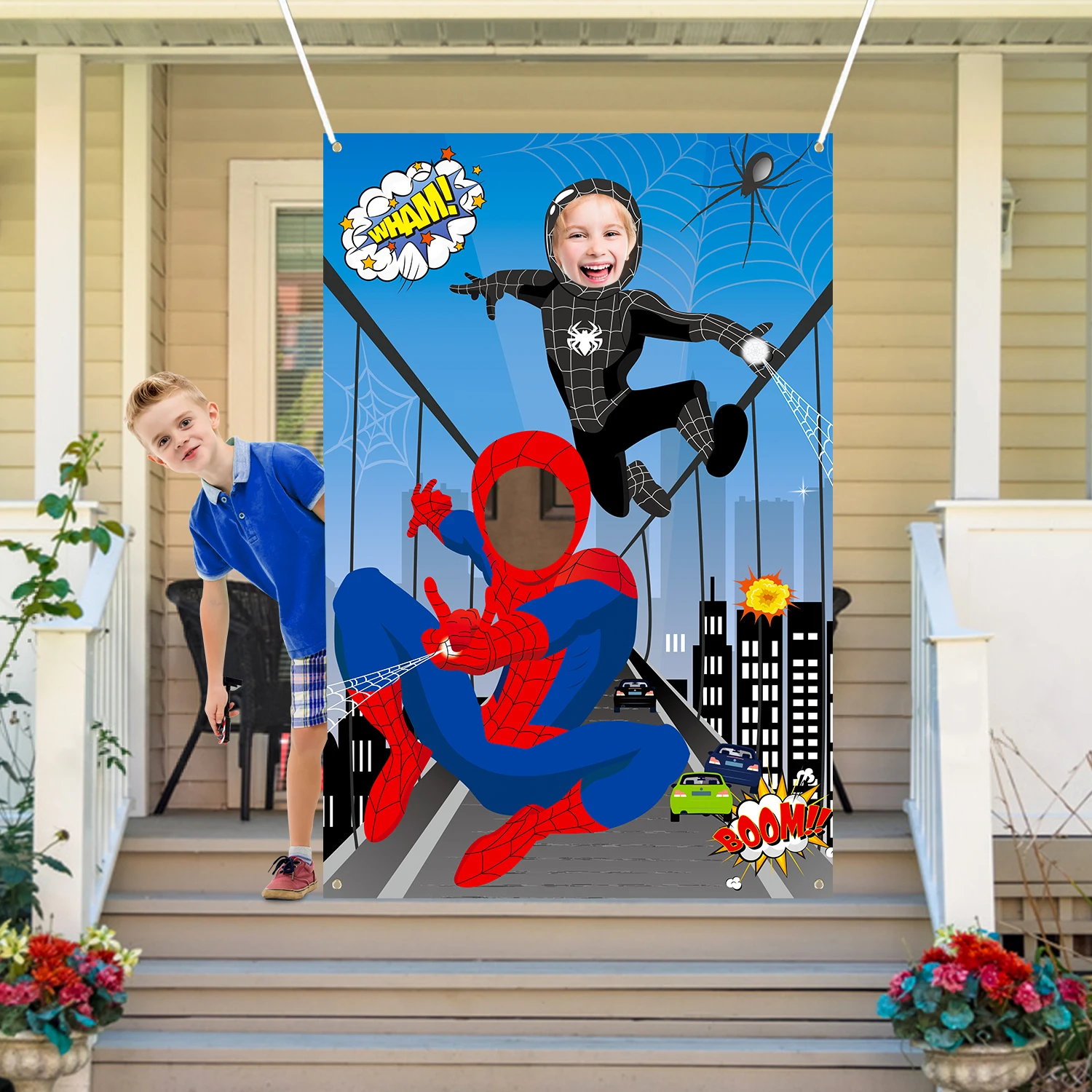 Nuevo  Fondo de tela grande para fotografía de Hombre Araña, cartel de puerta con cara de superhéroe, suministros para fiestas temáticas para bKids gBQLxqwEzlA