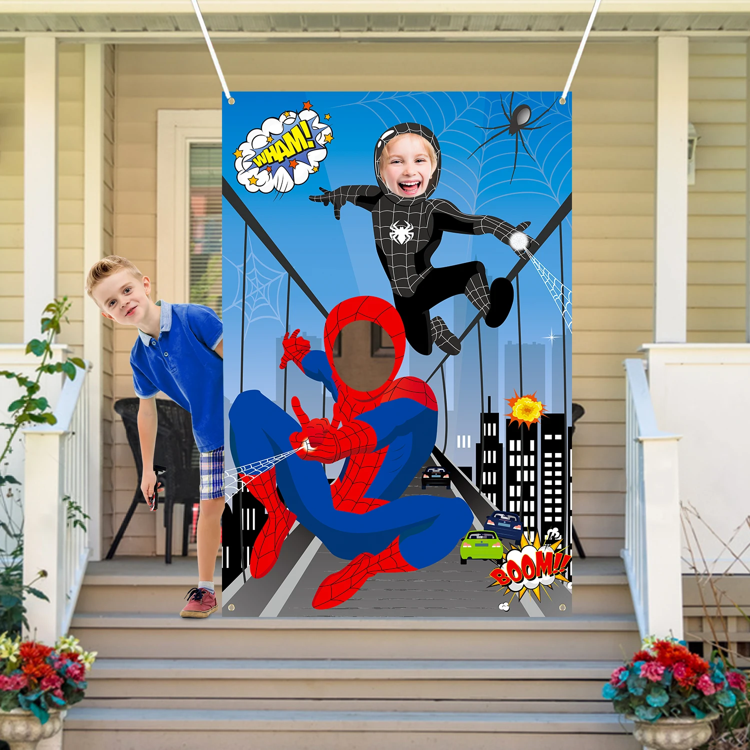Fondo de tela grande para fotografía de Hombre Araña, cartel de puerta con cara de superhéroe, suministros para fiestas temáticas para bKids