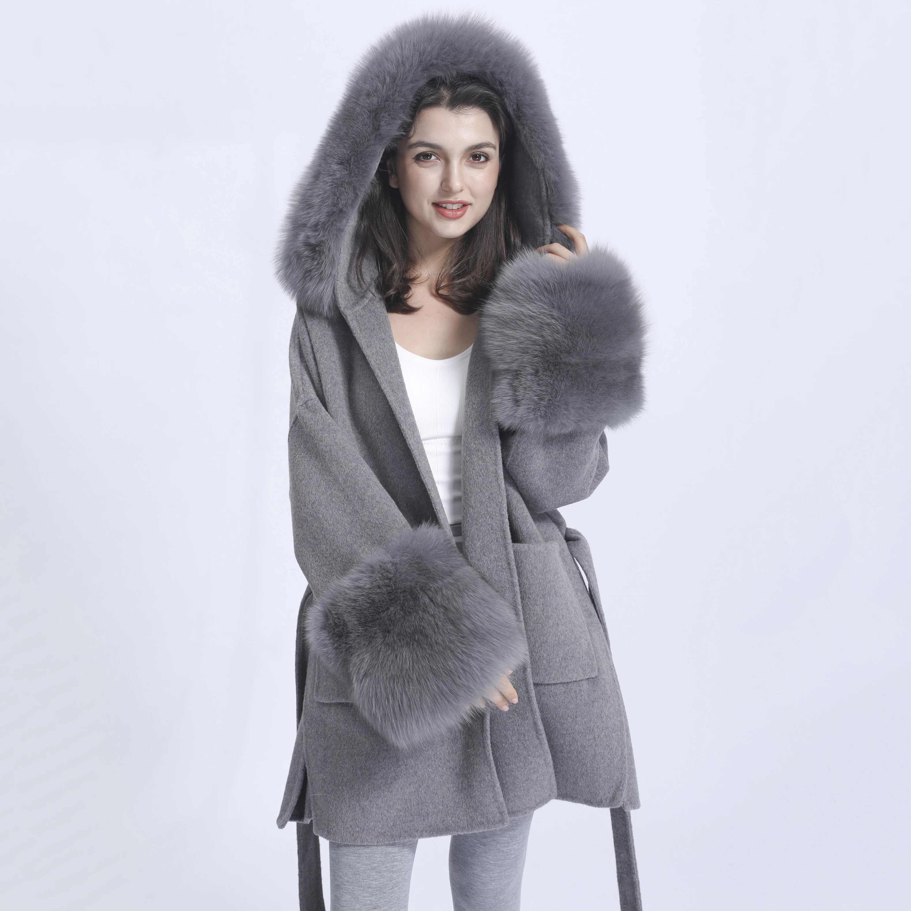 MISSJANEFUR 2023 Winter Coat For Women Wool Cashmere Jackets With Real Fur Hood Cuff Warm Luxury Belted Long Trench Fur Coat brand luxury fashion knit women winter wool head scarf lady knit solid color hood scarves