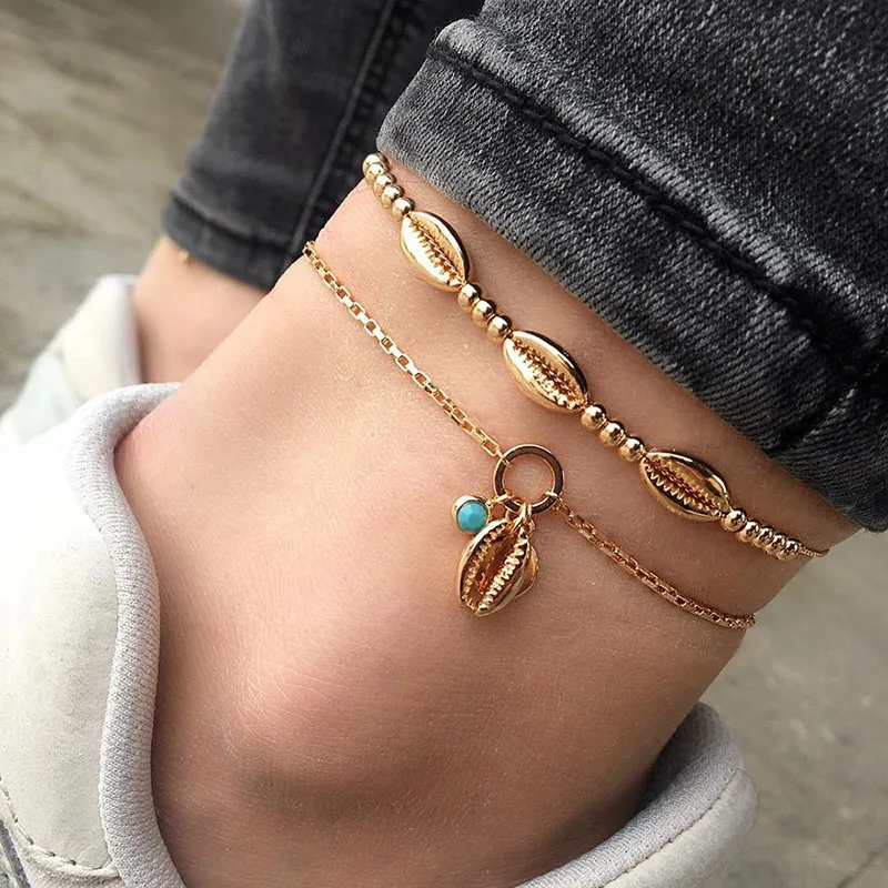 

New Bohemian Ankle Anklet Bracelet Handmade Beads Seashell Crystal Gold Barefoot Anklets for Women Double Layer Beach Jewelry