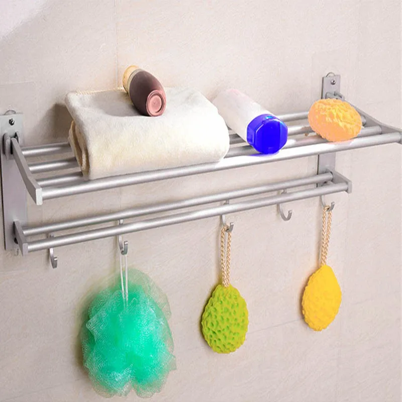 Space Aluminum Double Towel Rack With 5 Hooks Foldable 40Cm