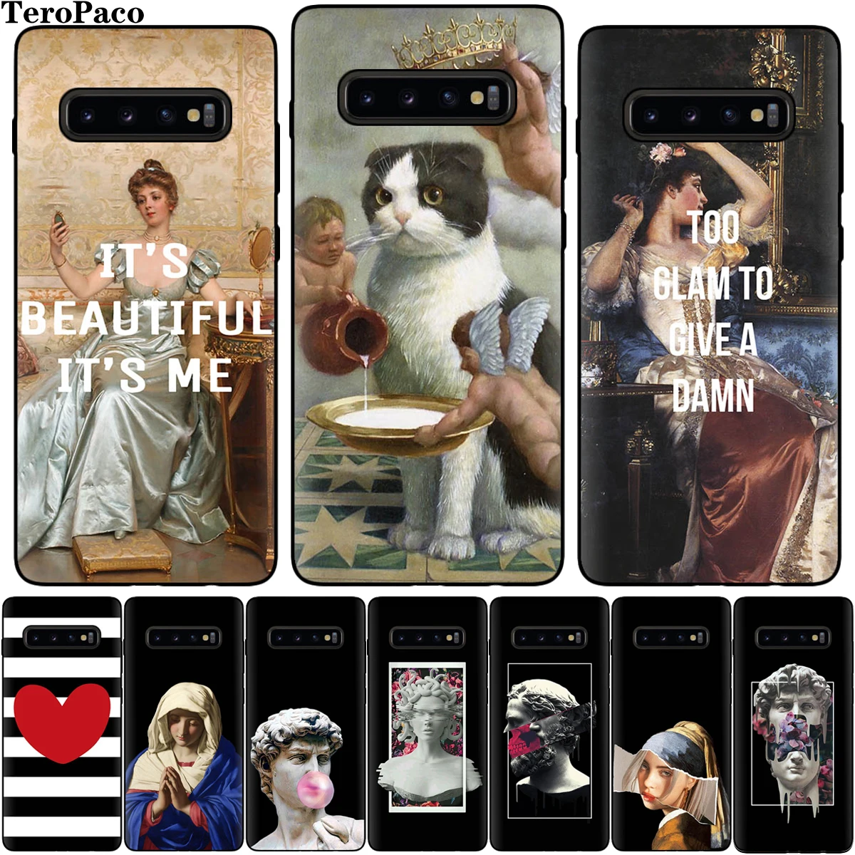 Забавный Модный черный мягкий силиконовый чехол Mona Lisa Cat для Samsung Galaxy S7 Edge S8 S9 S10 S20