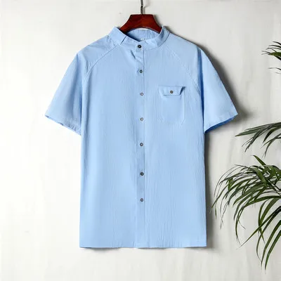 Light Blue Мужская рубашка, короткий рукав, хлопок, лен, 4XL, 5XL, 6XL, большой размер, рубашка, мужская, свободная, дышащая, летняя, с карманом, синяя, RM50053 - Цвет: Light Blue