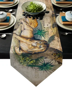 

Wild Animal Vintage Newspaper Elephant Lion Tiger Forest Table Runner Table Flag Home Party Decorative Tablecloth Table Runners